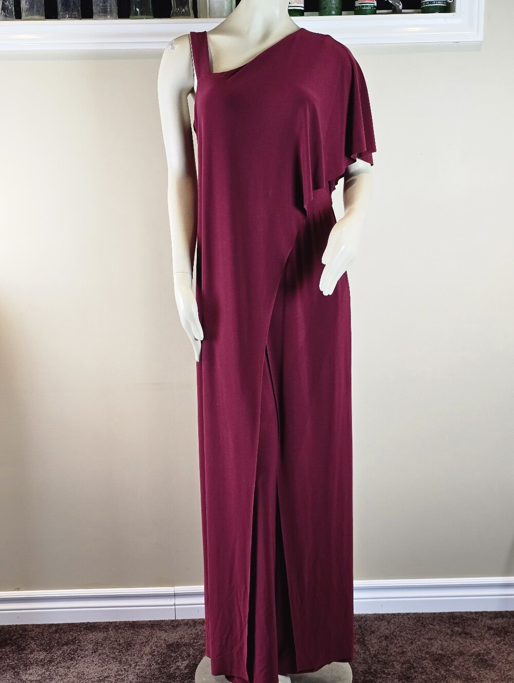 Joseph Ribkoff Cranberry Asymmetric One Shoulder Overlay Wide Leg Jumpsuit